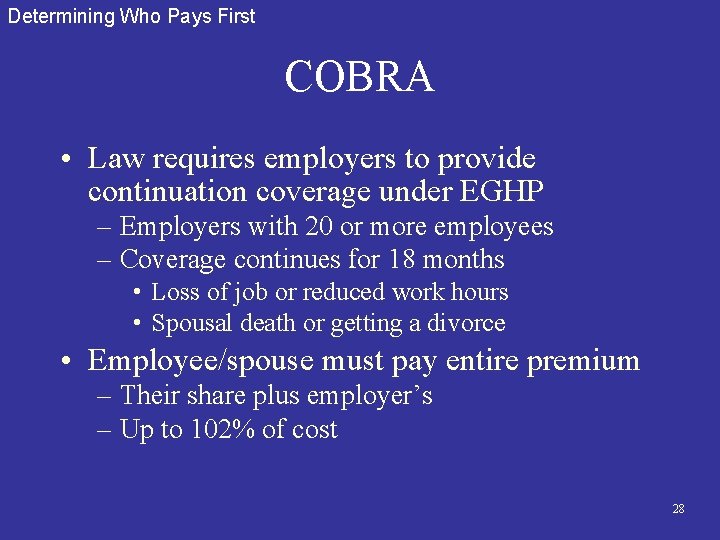 Determining Who Pays First COBRA • Law requires employers to provide continuation coverage under