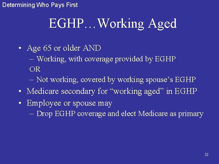 Determining Who Pays First EGHP…Working Aged • Age 65 or older AND – Working,