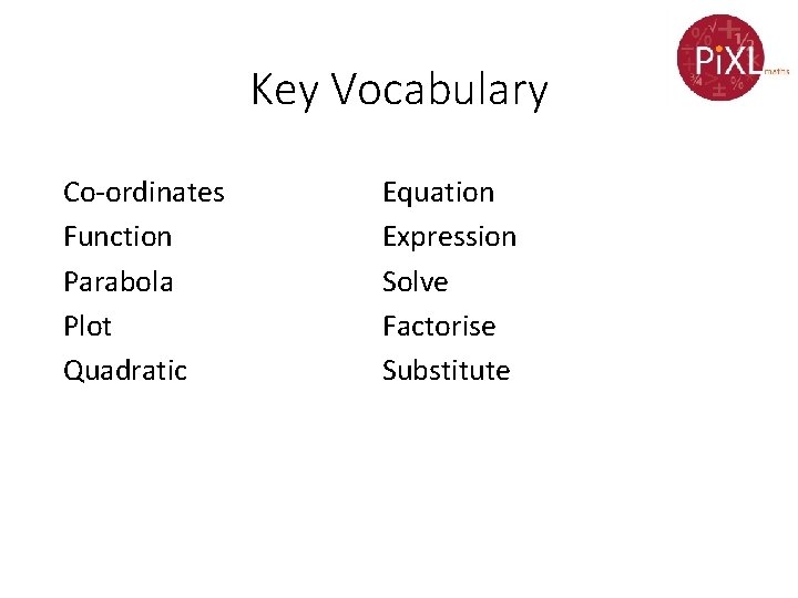 Key Vocabulary Co-ordinates Function Parabola Plot Quadratic Equation Expression Solve Factorise Substitute 