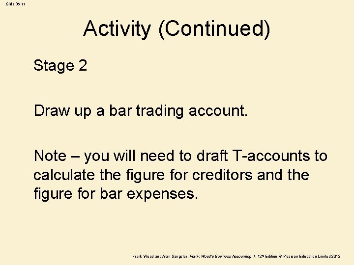 Slide 36. 11 Activity (Continued) Stage 2 Draw up a bar trading account. Note Slide 36. 11 Activity (Continued) Stage 2 Draw up a bar trading account. Note
