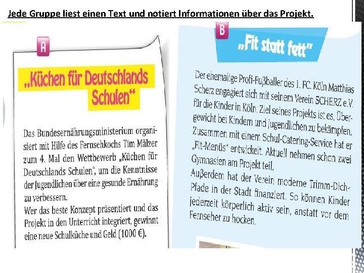 Jede Gruppe liest einen Text und notiert Informationen über das Projekt. 