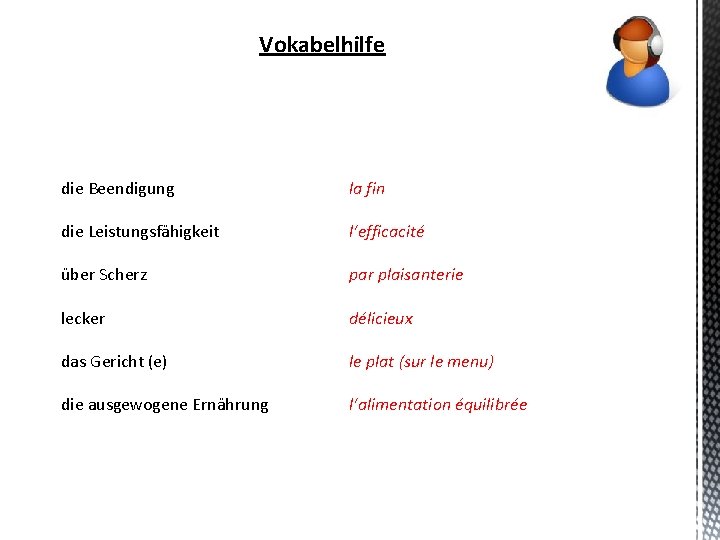 Vokabelhilfe die Beendigung la fin die Leistungsfähigkeit l‘efficacité über Scherz par plaisanterie lecker délicieux