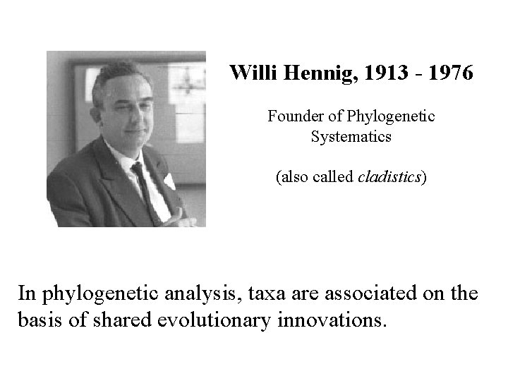 Willi Hennig, 1913 - 1976 Founder of Phylogenetic Systematics (also called cladistics) In phylogenetic