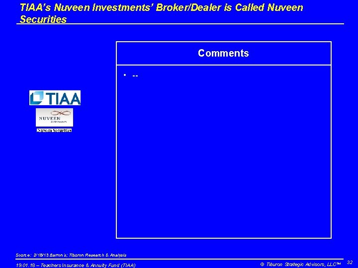 TIAA’s Nuveen Investments’ Broker/Dealer is Called Nuveen Securities Comments • -- Source: 2/18/13 Barron’s;