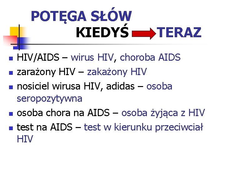 POTĘGA SŁÓW KIEDYŚ TERAZ n n n HIV/AIDS – wirus HIV, choroba AIDS zarażony