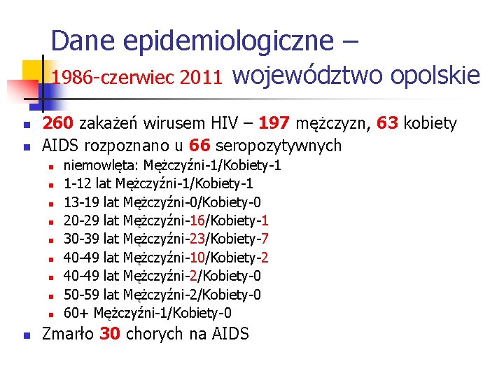 Dane epidemiologiczne – 1986 -czerwiec 2011 województwo opolskie n n 260 zakażeń wirusem HIV