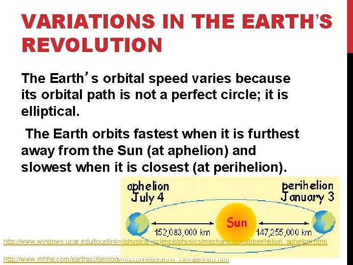 VARIATIONS IN THE EARTH’S REVOLUTION The Earth’s orbital speed varies because its orbital path