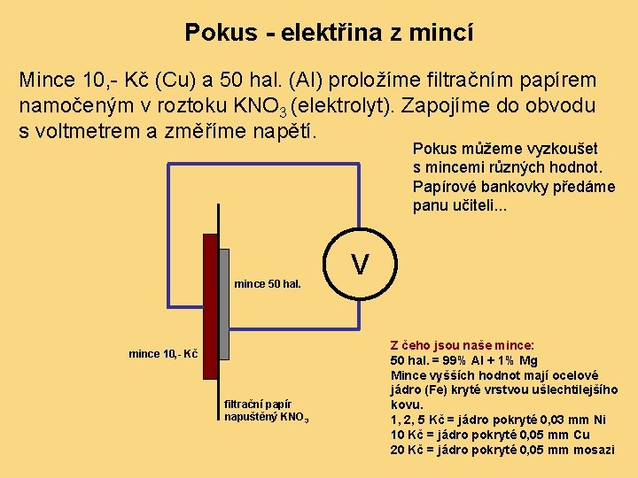 Pokus - elektřina z mincí Mince 10, - Kč (Cu) a 50 hal. (Al)