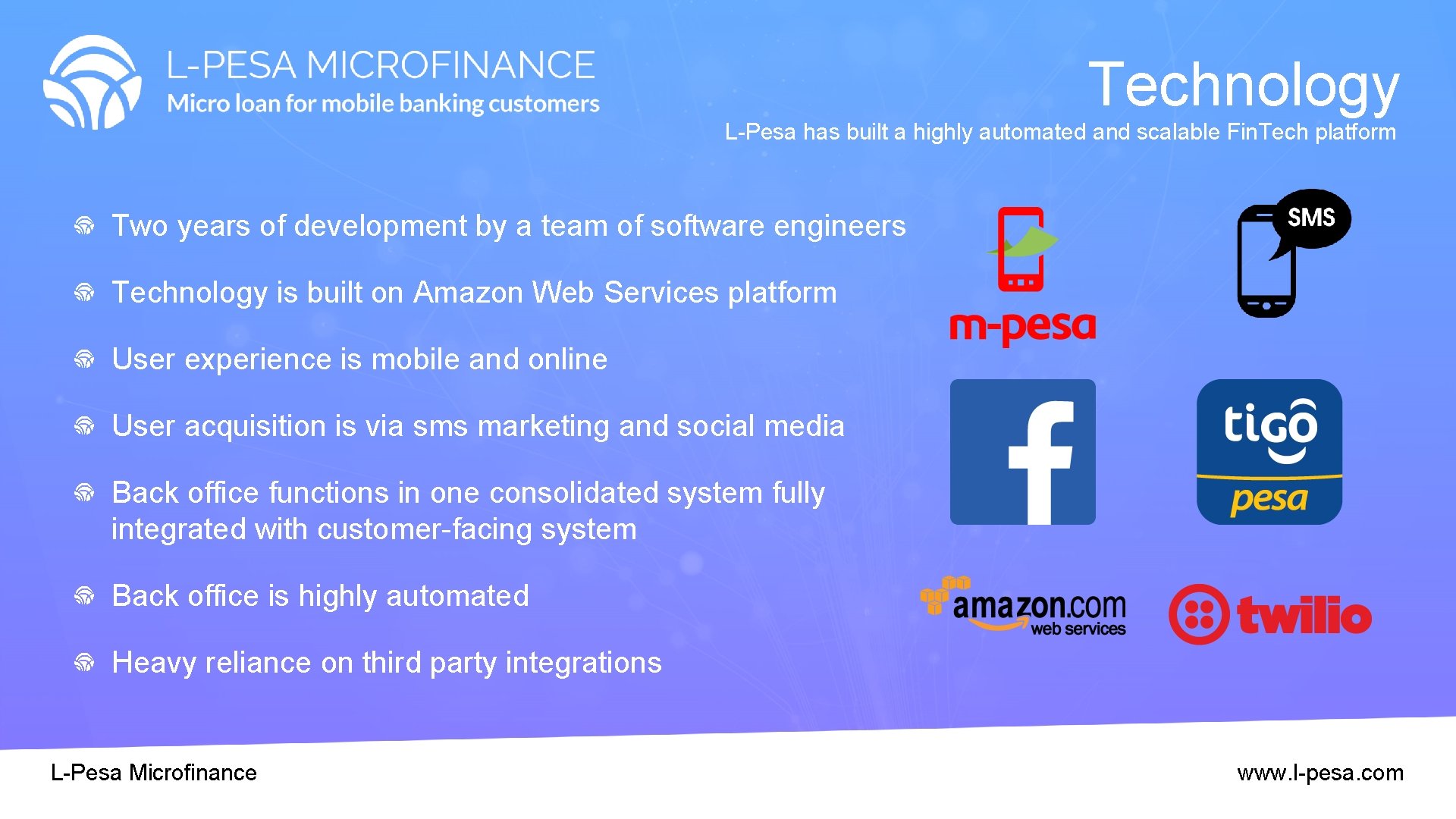 Technology L-Pesa has built a highly automated and scalable Fin. Tech platform Two years Technology L-Pesa has built a highly automated and scalable Fin. Tech platform Two years