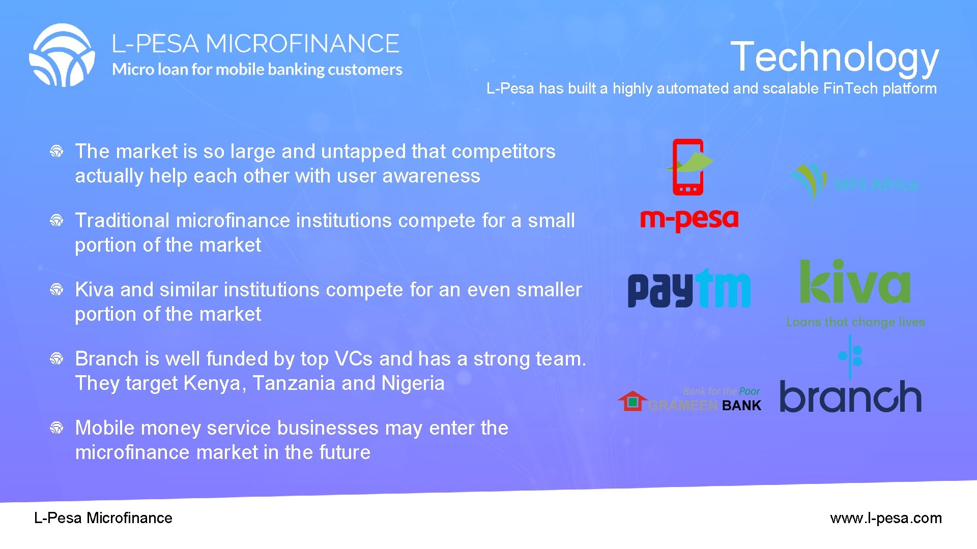Technology L-Pesa has built a highly automated and scalable Fin. Tech platform The market Technology L-Pesa has built a highly automated and scalable Fin. Tech platform The market