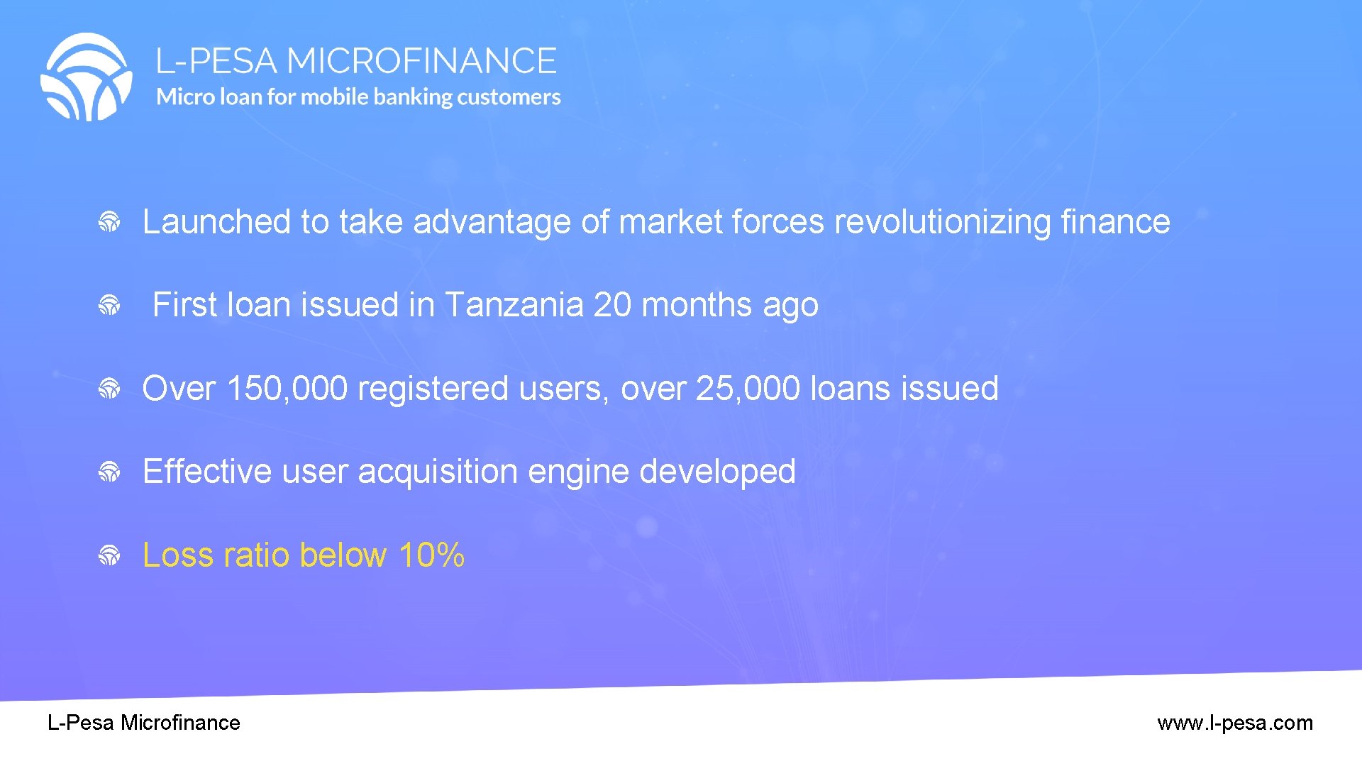 Launched to take advantage of market forces revolutionizing finance First loan issued in Tanzania Launched to take advantage of market forces revolutionizing finance First loan issued in Tanzania
