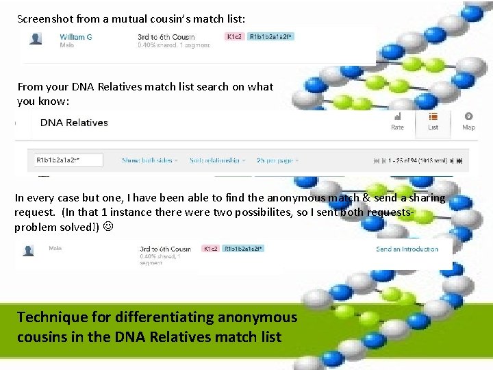 Screenshot from a mutual cousin’s match list: From your DNA Relatives match list search