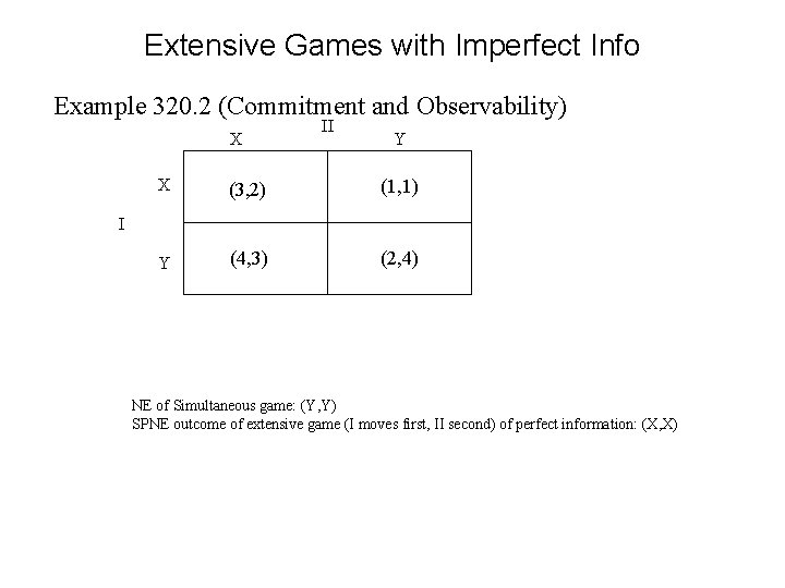 Extensive Games with Imperfect Info Example 320. 2 (Commitment and Observability) X II Y Extensive Games with Imperfect Info Example 320. 2 (Commitment and Observability) X II Y