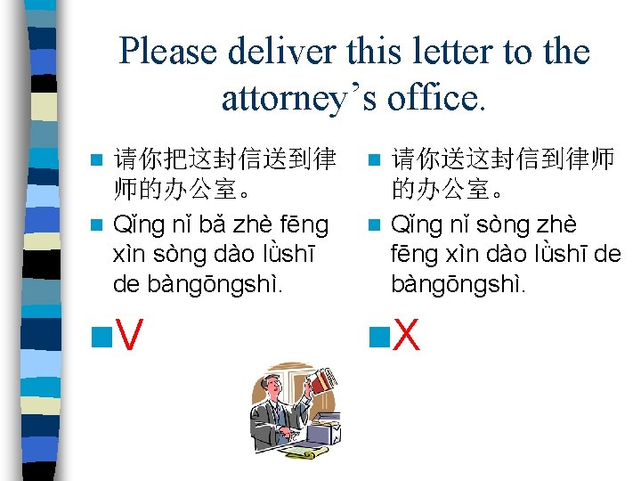 Please deliver this letter to the attorney’s office. n 请你把这封信送到律 师的办公室。 n Qǐng nǐ