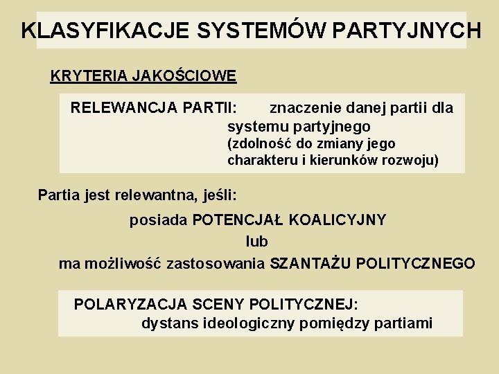 KLASYFIKACJE SYSTEMÓW PARTYJNYCH KRYTERIA JAKOŚCIOWE RELEWANCJA PARTII: znaczenie danej partii dla systemu partyjnego (zdolność