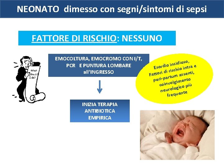 NEONATO dimesso con segni/sintomi di sepsi FATTORE DI RISCHIO: NESSUNO EMOCOLTURA, EMOCROMO CON I/T,