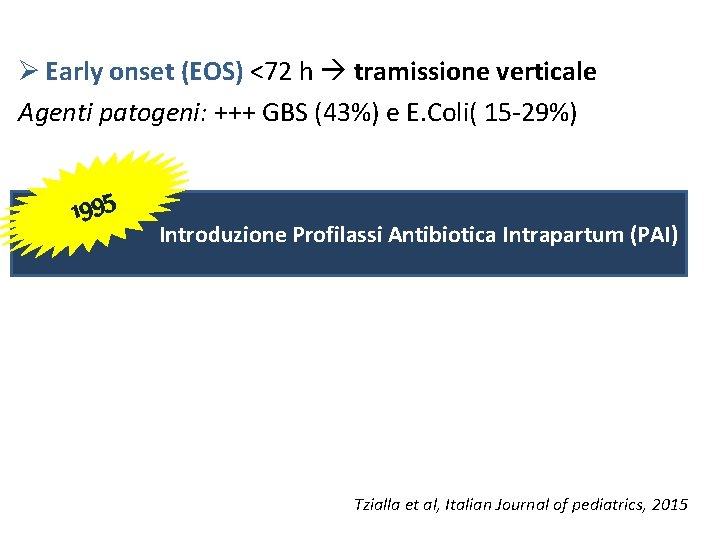 Ø Early onset (EOS) <72 h tramissione verticale Agenti patogeni: +++ GBS (43%) e