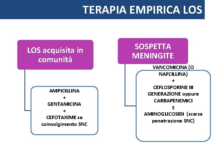 TERAPIA EMPIRICA LOS acquisita in comunità AMPICILLINA + GENTAMICINA + CEFOTAXIME se coinvolgimento SNC