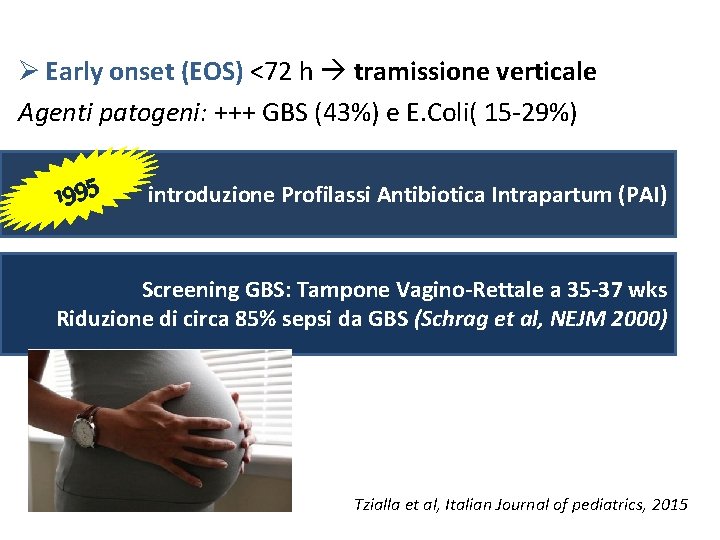 Ø Early onset (EOS) <72 h tramissione verticale Agenti patogeni: +++ GBS (43%) e