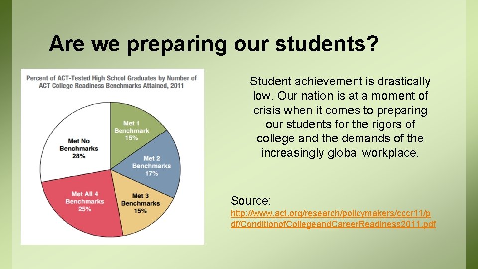 Are we preparing our students? Student achievement is drastically low. Our nation is at