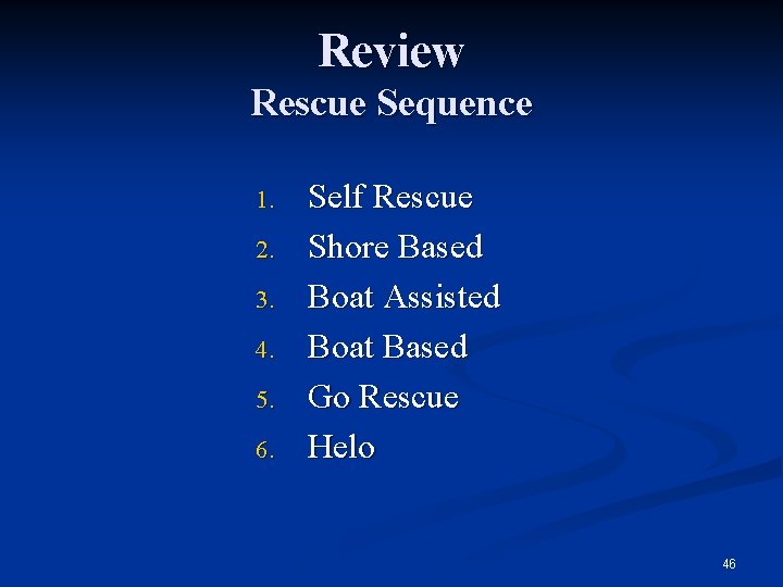 Review Rescue Sequence 1. 2. 3. 4. 5. 6. Self Rescue Shore Based Boat