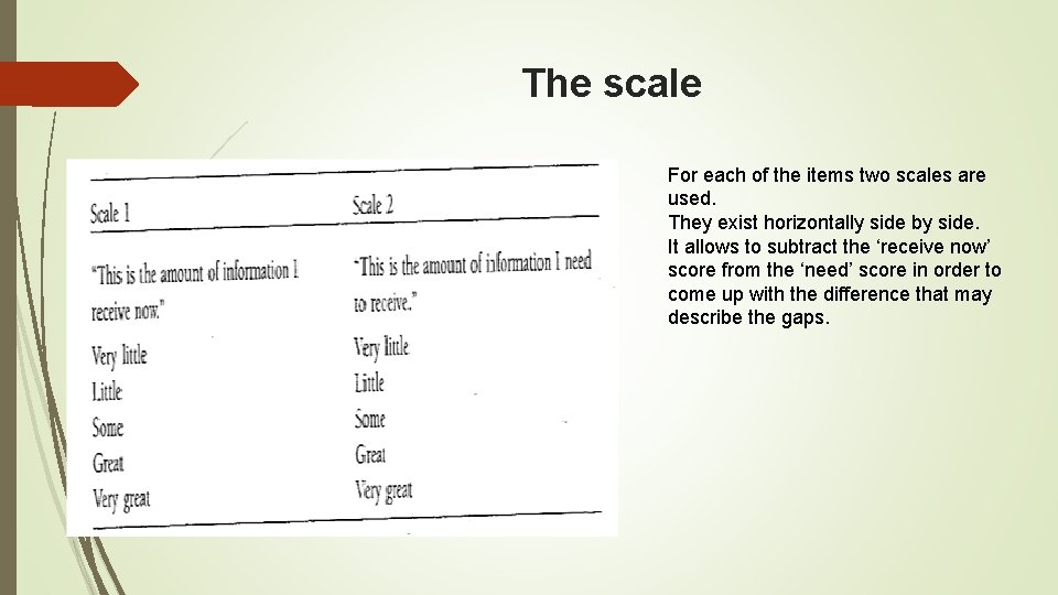 The scale For each of the items two scales are used. They exist horizontally