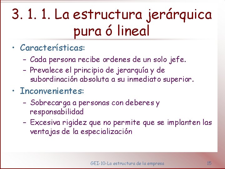 3. 1. 1. La estructura jerárquica pura ó lineal • Características: – Cada persona