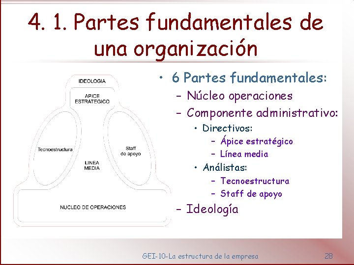 4. 1. Partes fundamentales de una organización • 6 Partes fundamentales: – Núcleo operaciones
