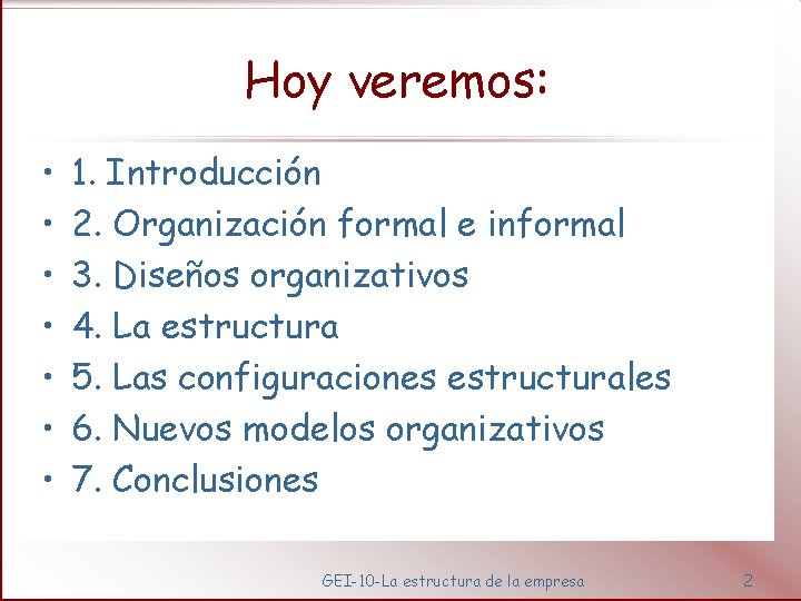 Hoy veremos: • • 1. Introducción 2. Organización formal e informal 3. Diseños organizativos