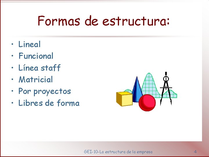 Formas de estructura: • • • Lineal Funcional Línea staff Matricial Por proyectos Libres