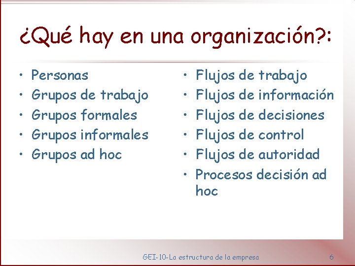 ¿Qué hay en una organización? : • • • Personas Grupos de trabajo Grupos