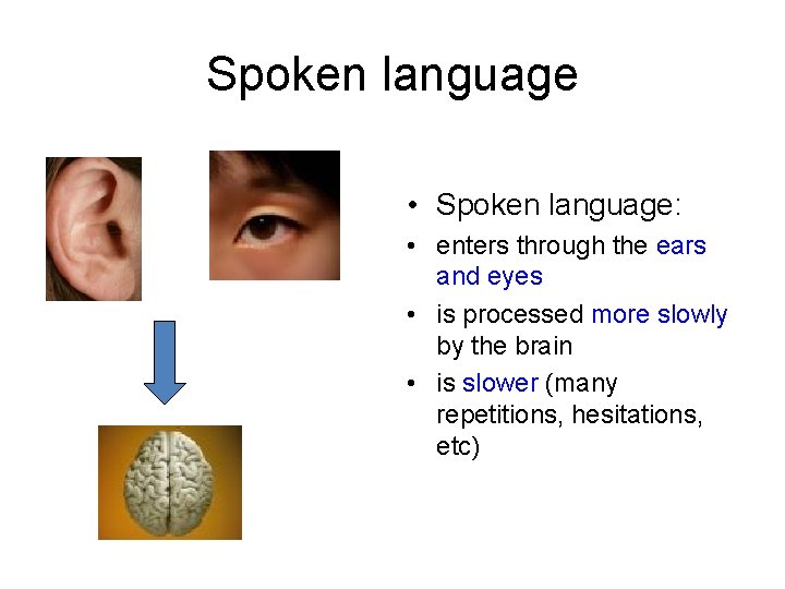 Spoken language • Spoken language: • enters through the ears and eyes • is