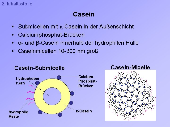 2. Inhaltsstoffe Casein • • Submicellen mit κ-Casein in der Außenschicht Calciumphosphat-Brücken α- und