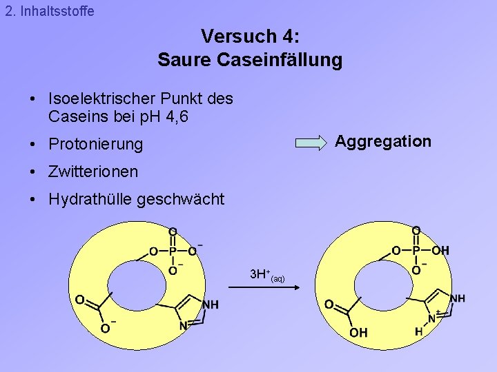 2. Inhaltsstoffe Versuch 4: Saure Caseinfällung • Isoelektrischer Punkt des Caseins bei p. H