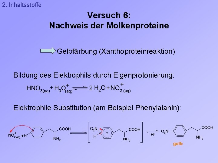 2. Inhaltsstoffe Versuch 6: Nachweis der Molkenproteine Gelbfärbung (Xanthoproteinreaktion) Bildung des Elektrophils durch Eigenprotonierung: