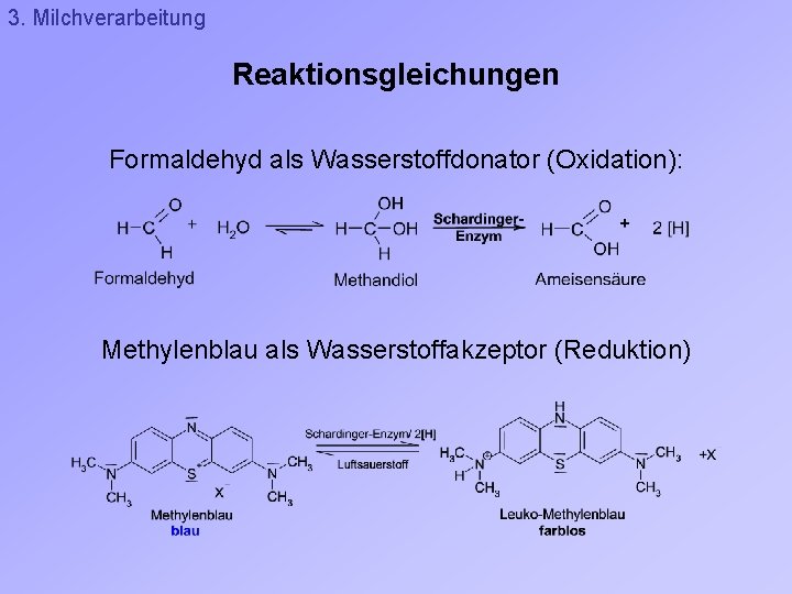 3. Milchverarbeitung Reaktionsgleichungen Formaldehyd als Wasserstoffdonator (Oxidation): Methylenblau als Wasserstoffakzeptor (Reduktion) 