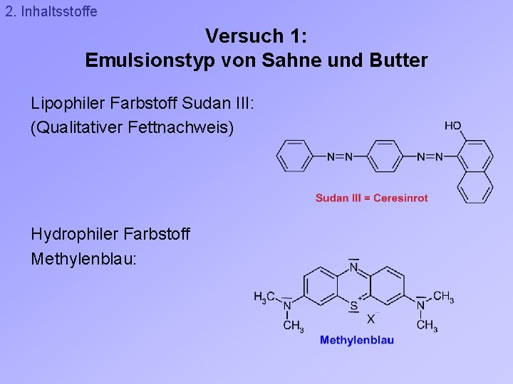 2. Inhaltsstoffe Versuch 1: Emulsionstyp von Sahne und Butter Lipophiler Farbstoff Sudan III: (Qualitativer