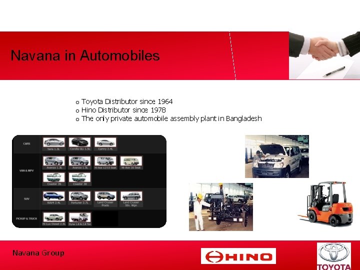 Navana in Automobiles o Toyota Distributor since 1964 o Hino Distributor since 1978 o