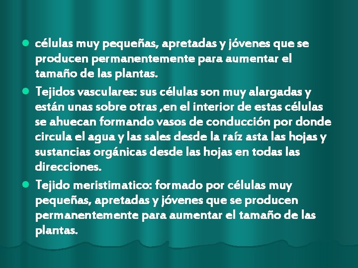 células muy pequeñas, apretadas y jóvenes que se producen permanentemente para aumentar el tamaño