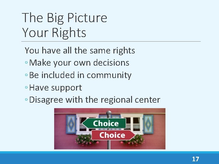 The Big Picture Your Rights You have all the same rights ◦ Make your