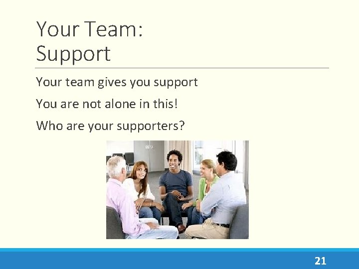 Your Team: Support Your team gives you support You are not alone in this!