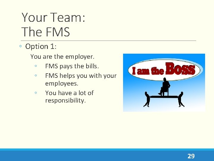 Your Team: The FMS ◦ Option 1: You are the employer. ◦ FMS pays