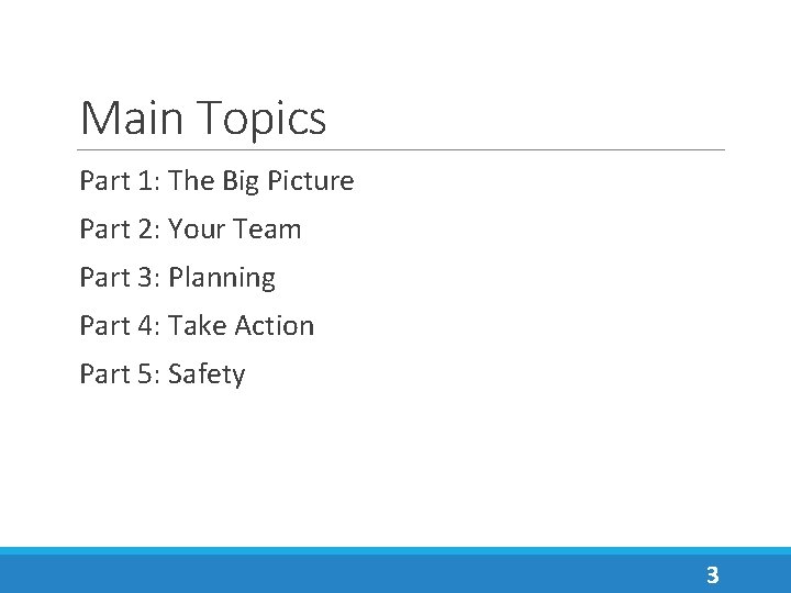 Main Topics Part 1: The Big Picture Part 2: Your Team Part 3: Planning