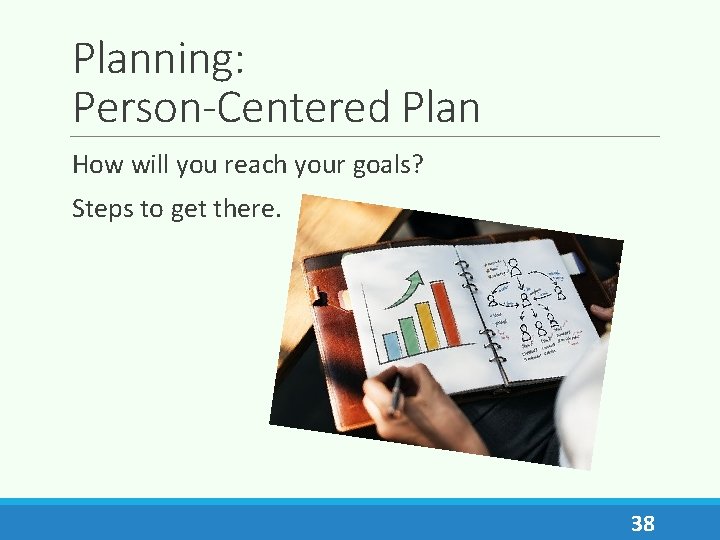 Planning: Person-Centered Plan How will you reach your goals? Steps to get there. 38