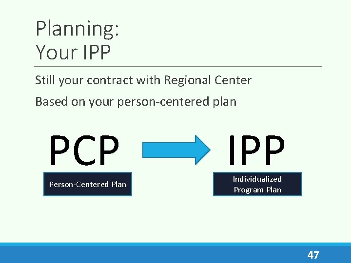 Planning: Your IPP Still your contract with Regional Center Based on your person-centered plan