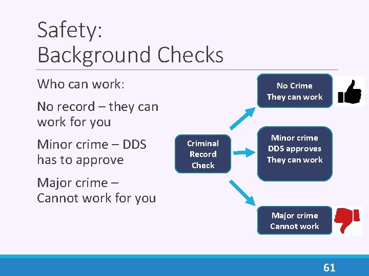 Safety: Background Checks Who can work: No Crime They can work No record –