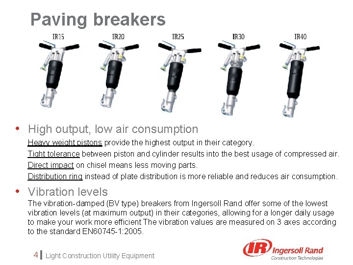 Paving breakers • High output, low air consumption Heavy weight pistons provide the highest