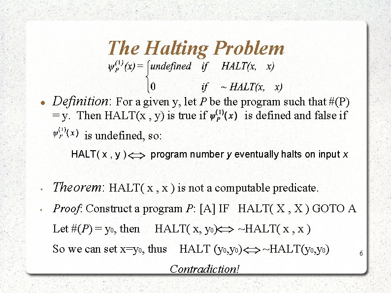 The Halting Problem Definition: For a given y, let P be the program such The Halting Problem Definition: For a given y, let P be the program such
