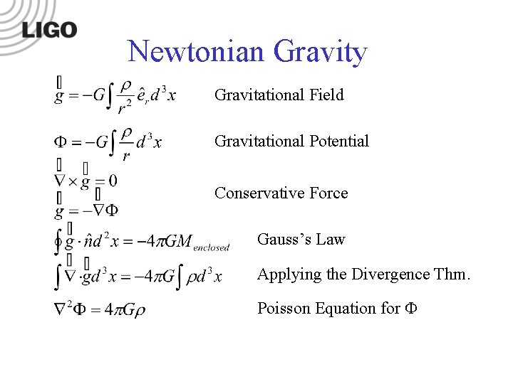Newtonian Gravity Gravitational Field Gravitational Potential Conservative Force Gauss’s Law Applying the Divergence Thm. Newtonian Gravity Gravitational Field Gravitational Potential Conservative Force Gauss’s Law Applying the Divergence Thm.