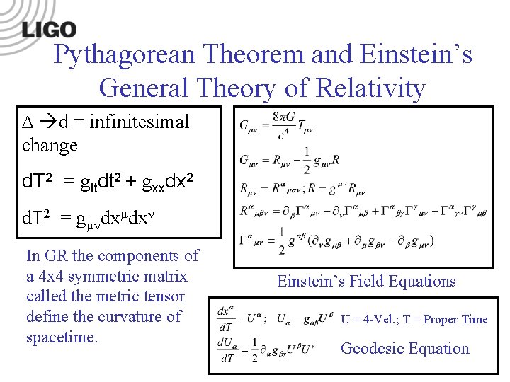 Pythagorean Theorem and Einstein’s General Theory of Relativity d = infinitesimal change d. T Pythagorean Theorem and Einstein’s General Theory of Relativity d = infinitesimal change d. T